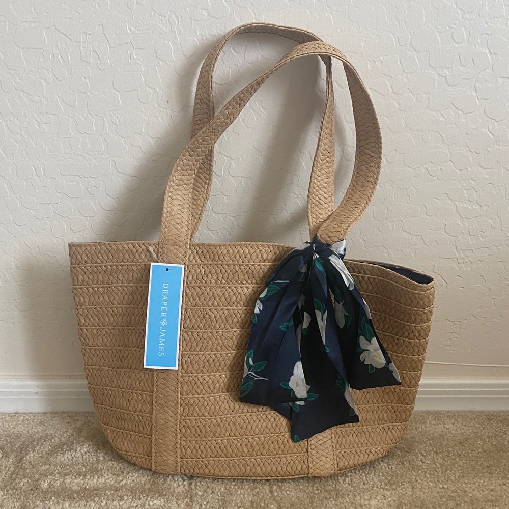 straw bag with floral scarf